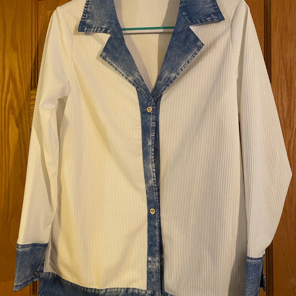 White Button-Up Top with Blue Denim Trim
